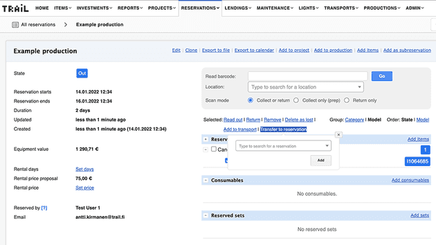 Select the target reservation to which you want to transfer the equipment in the equipment management system