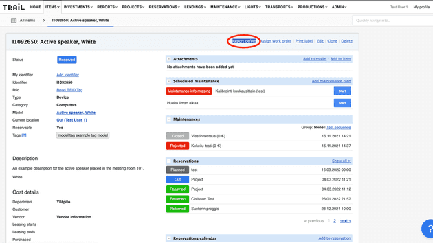 You can make defect reports on the item view in Trail Equipment Management System