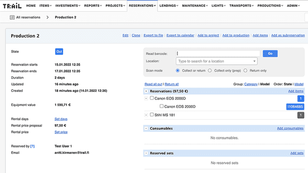 You will find the transferred items in the target reservation in the equipment management system