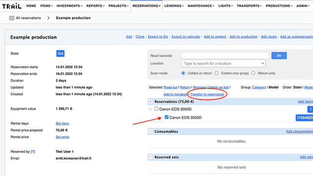 Select the equipment you want to transfer between reservations in the equipment management system